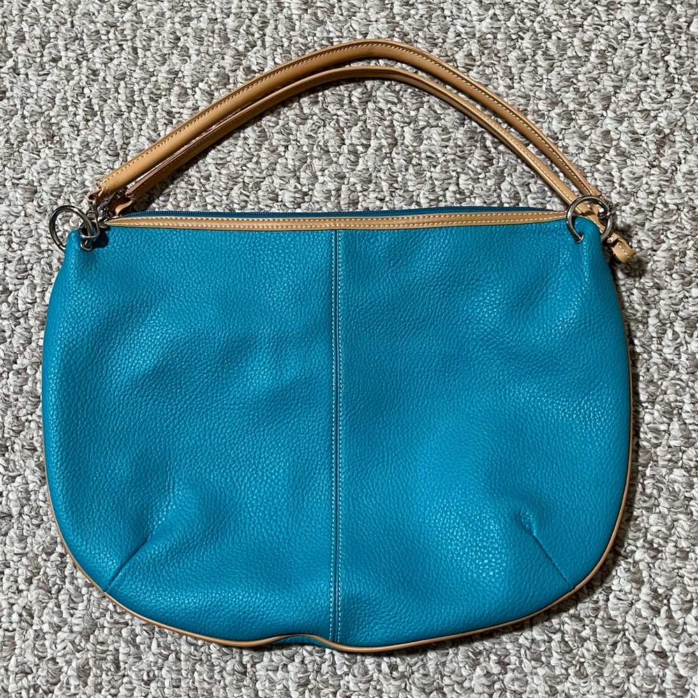 Max New York Large Leather Hobo Shoulder Handbag Purse, aqua blue pebbled